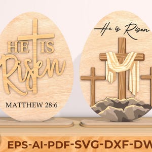 Pasqua Gesù Cristo è risorto 3D Easter Egg SVG, Arte croce di legno SVG, Lui è risorto SVG, croce SVG, File tagliato al laser, Glowforge SVG