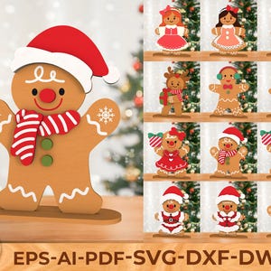 Può includere: Decorazione in legno a forma di omino di pan di zenzero con cappello di Babbo Natale rosso e sciarpa a righe rosse e bianche. L'immagine mostra anche molti altri omini di pan di zenzero con vari abiti. Il testo "EPS-AI-PDF-SVG-DXF-DWG" è in basso.