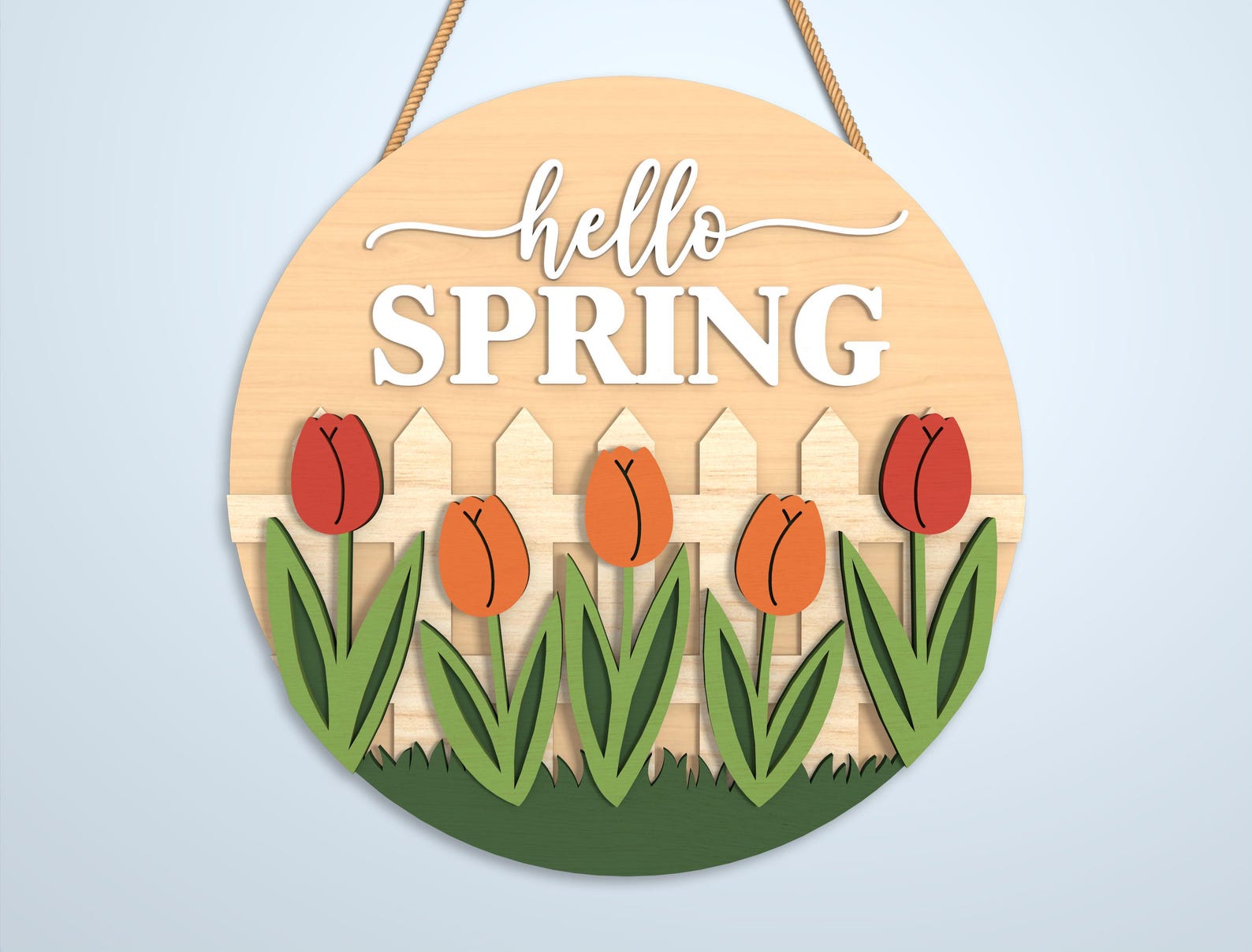 Hello Spring Wooden Sign Laser Cut File SVG DXF, Layered Spring Door ...