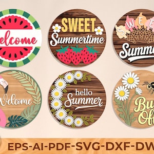 Bundle de panneaux laser d'été, accroche-porte rond svg, fichier laser Glowforge, fichier de coupe Cricut, panneau de bienvenue de la porte d'entrée, téléchargement numérique