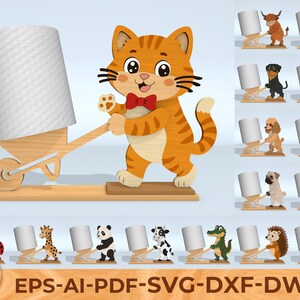 May include: A wooden cat-shaped toilet paper holder with an orange tabby cat pushing a wheelbarrow holding a roll of white toilet paper. Additional animal-themed toilet paper holders are also shown, including a lion, dog, and panda.