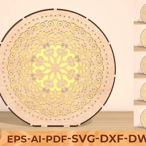 Mandala nachtlampje SVG, enkellaags lasergesneden mandala lampontwerp, Glowforge nachtpaneel SVG, ronde lamp DXF-bestand knippen