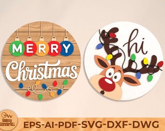 Christmas Door Sign SVG Bundle: Reindeer Laser Cut Files (Digital Download