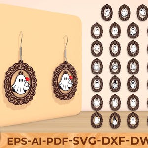 May include: Brown framed earrings with a white ghost holding a red heart. The earrings are displayed with a collection of similar framed ghost designs. The text "EPS-AI-PDF-SVG-DXF-DWG" is at the bottom.