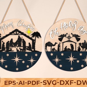 Nativity Scene SVG Bundle, Oh Holy Night Laser Cut File, Christian Christmas Decor Sign SVG, Glowforge Ready Cut File