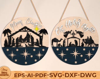 May include: Two round wooden Christmas ornaments. One says "Merry Christmas" with a nativity scene silhouette and star accents. The other says "Oh Holy Night" with a nativity scene silhouette and star accents. Both have a navy blue bottom section with star cutouts.