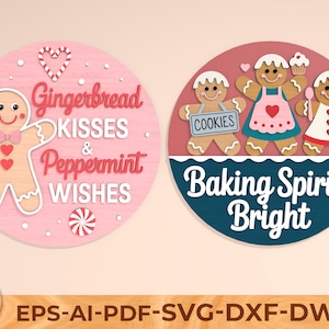 Christmas Gingerbread Door Sign SVG, Baking Spirits Bright & Peppermint Wishes Laser Cut Files , Cute Holiday Glowforge Design