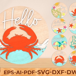 Hallo zomer deurhanger SVG-bestand, stranddeurhanger SVG, schildpad deursticker, krabdeurbord, stranddecor, Glowforge-bestanden
