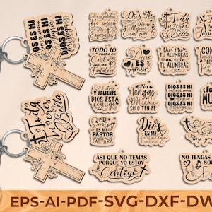 Christliches Spanisches Schlüsselbund SVG-Bundle, religiöse Laserschnitt-Dateien, Bibel-Vers-Zitate, Kreuz Schlüsselbund SVG, Dios Esta Contigo, digitaler Download