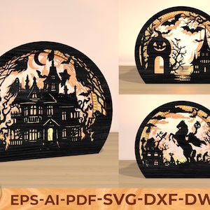 Halloween Haunted House Lantern SVG , 3D Shadow Box Light Box Laser Cut Files , Glowforge Spooky Pumpkin Scene SVG, Lantern Digital Download