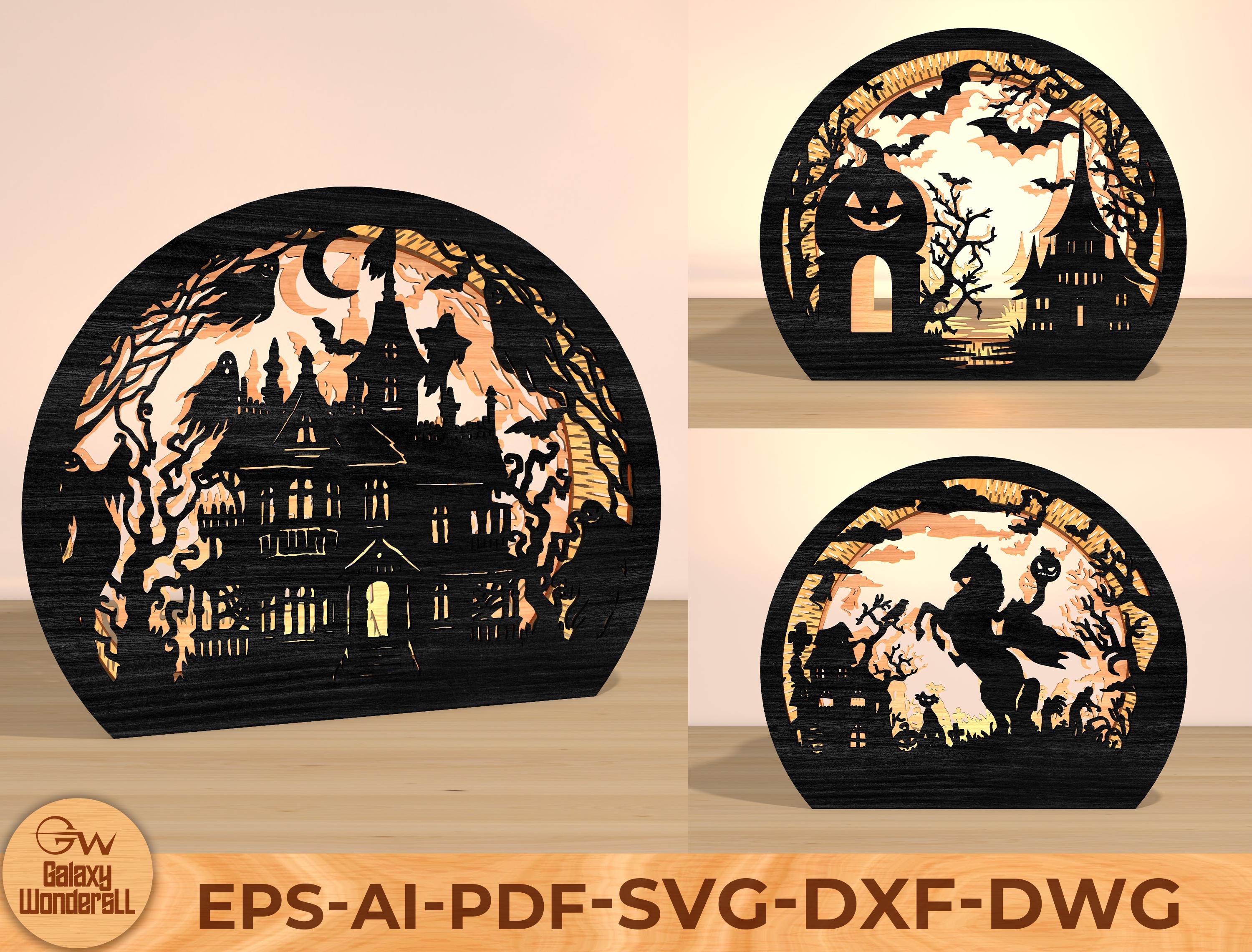 Halloween Haunted House Lantern SVG , 3D Shadow Box Light Box Laser Cut Files , Glowforge Spooky Pumpkin Scene SVG, Lantern Digital Download