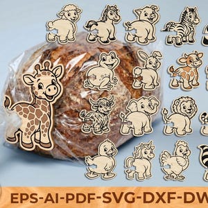 May include: Wooden animal puzzle pieces, including a giraffe, zebra, panda, and lion, are displayed. The pieces are light brown with black outlines and some have missing puzzle sections. The image also includes the text "EPS-AI-PDF-SVG-DXF-DWG".
