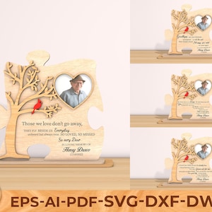 May include: A wooden jigsaw puzzle with a tree, a cardinal, and a heart-shaped photo frame. The puzzle is engraved with the text "Those we love don't go away, They fly beside us Everyday unboard but always near SO LOVED, SO MISSED So very Dear IN LOVING MEMORY OF Henry Duaco 11/16/2022".