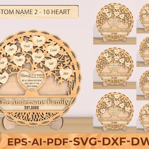 Cartello personalizzato con albero genealogico in formato SVG, cartello tagliato al laser in 3D con supporto, albero con cuori in formato SVG, albero con nome di famiglia in formato SVG, albero della vita in formato SVG