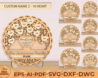 Personalized Family Tree Sign SVG, 3D laser cut sign with stand, tree with hearts svg, Family Name Tree SVG, Tree Of Life SVG