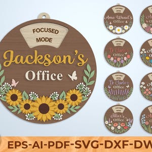 May include: Wooden office sign with the text "Jackson's Office" in yellow script, surrounded by sunflowers and butterflies. The sign also features the words "Focused Mode" at the top. Additional signs with floral designs and names are also shown.