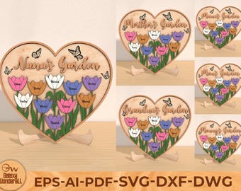 May include: A wooden heart-shaped sign with the text "Nana's Garden" and a butterfly design. The sign features a floral design with 10 flowers, each with a different name written on it.