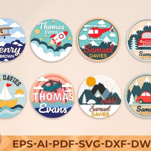 Paquete SVG de letrero con nombre de bebé personalizado, conjunto de coche, cohete, avión, bosque, guardería, archivo cortado con láser para Glowforge, descarga instantánea