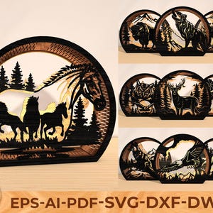 Wildtiere Runde Laterne Bundle SVG, Waldtier Light Box Cut Datei, rustikale Natur Dekor für Cricut Glowforge, Hirsch Bär Elch Laterne Design