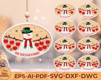 Personalized Snowman Family Ornament SVG Laser Cut File (Digital Download)