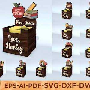 May include: Wooden desk organiser with a teacher theme. The organiser has a dark wood grain finish and includes an apple, ruler, and books. The text "Best Teacher" and "Mrs. Gracie" are visible. The organiser is personalised with the name "Harley".
