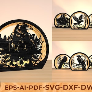 May include: Black wooden raven silhouette art with a skull and floral design. The raven is perched in front of a forest and city skyline. The art is in a semi-circle shape. The bottom of the art has the text "EPS-AI-PDF-SVG-DXF-DWG".