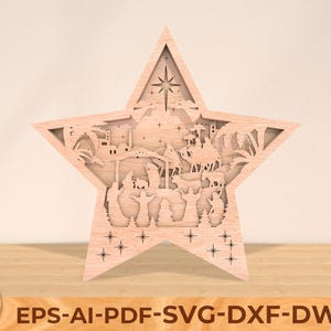 May include: A wooden star-shaped ornament with a cutout design depicting the nativity scene. The star is light brown and has a detailed design with figures of Mary, Joseph, baby Jesus, and the three wise men.