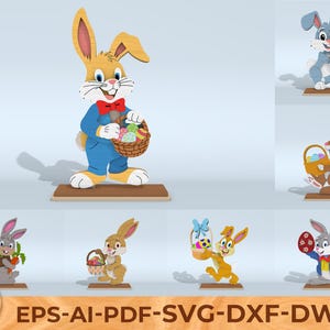 May include: Wooden Easter bunny figurines in various poses, holding baskets of eggs or carrots. The bunnies are in different colors, including blue, brown, and gray. The image also includes the text "EPS-AI-PDF-SVG-DXF-DWG".
