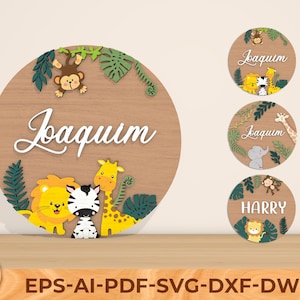 Cartello personalizzato con nome per neonato, Safari Nursery Lasercut, Baby Boy Girl svg, file con nome per nursery tagliato al laser, Safari Nursery Decor svg, Glowforge
