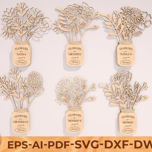 Paquete de flores silvestres y jarrones personalizados, archivo de corte láser para jarrón de madera, ramo de flores silvestres para mamá, regalo floral para el Día de la Madre, descarga digital
