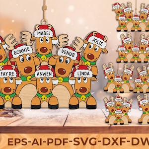 Personalized Reindeer Family Ornament SVG, Christmas Laser Cut File, Custom Name Xmas Reindeer Sign for Cricut & Glowforge
