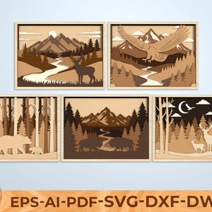 Peut inclure: Cinq œuvres d'art en bois en couches encadrées, représentant des scènes de forêt et de montagne. L'une présente un cerf près d'une rivière, une autre un aigle en vol, et d'autres montrent un ours avec un ourson, des bisons et des cerfs avec un faon. Le texte "EPS-AI-PDF-SVG-DXF-DWG" est en bas.
