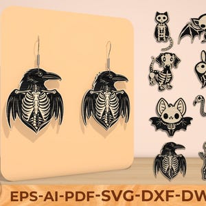 Raven skelet oorbellen SVG, gotische dierlijke skelet sieraden lasergesneden bestanden, Halloween vleermuis kat hond oorbellen SVG voor Glowforge Cricut