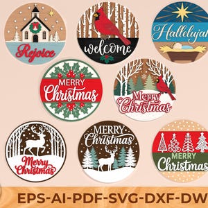Christmas Laser Sign Bundle Svg, Commercial Use svg, round sign laser svg , Winter decor svg, Glowforge laser cut file, Digital download