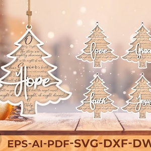 May include: Wooden Christmas tree ornaments with white outlines and various words: "Hope", "Love", "Grace", "Faith", and "Jesus". Each ornament has a beige background with lyrics from "O Holy Night". A gold ornament is in the background.