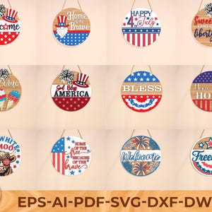 Bundle de panneaux laser patriotique Svg, accroche-porte rond svg, svg de la fête de l'indépendance, décoration 4 juillet, fichier laser Glowforge, Cricut, téléchargement numérique