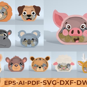 Op de afbeelding: Een verzameling houten dierlijke spaarpotten, waaronder een leeuw, hond, varken, nijlpaard, koala, konijn, beer, tijger, schaap en hert. Elke spaarpot heeft een doorzichtig venster. De afbeelding bevat ook de tekst "EPS-AI-PDF-SVG-DXF-DWG".