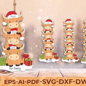 May include: Wooden Christmas ornaments depicting stacked cartoon Highland cows wearing Santa hats. Each cow has a name on it, with the words "Our Family" at the bottom. Presents and a green bow are also included.