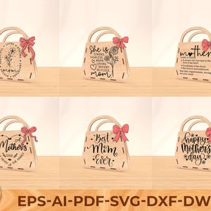 Pakiet SVG na Dzień Matki, plik z wycinaną laserowo drewnianą torbą dla mamy, cyfrowe pudełko na prezent Glowforge, plik do wycinania CNC Cricut DXF