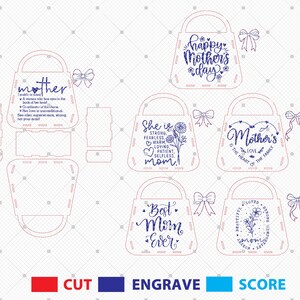 May include: A digital design file for a laser cut Mother's Day gift. The design features a purse shape with different quotes about mothers, including "Happy Mother's Day", "She is strong, fearless, warm, loving, patient, selfless, mom!" and "Mother's is the heart of the family". The design is marked with red, blue, and light blue lines indicating cut, engrave, and score lines.