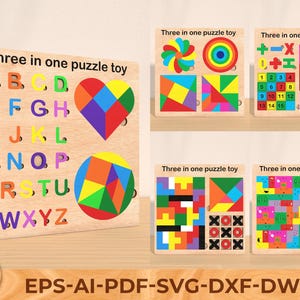Drei in einem Puzzle SVG Bundle, Montessori Alphabet Zahlenform Puzzle Laser geschnitten Datei, Holzspielzeug digitaler Download für Glowforge