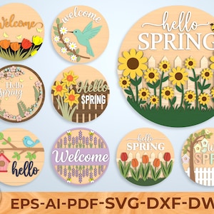 May include: A collection of wooden round signs with spring and welcome themes. Designs include flowers, birds, and the text "Hello Spring" and "Welcome". The signs are in various colors, including yellow, green, and brown.