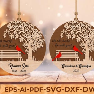 May include: Two wooden memorial ornaments with a tree, bench, and cardinal design. One says "Nanna Sue 1944-2024" and the other says "Grandma & Grandpa 2024". Both have the text "I will always be with you!" and "We will always be with you!"