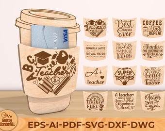 Porta carte regalo per insegnanti Svg, porta carte regalo per caffè, regalo per il ritorno a scuola, regalo per insegnanti di scuola, file Glowforge Laser Ready Cut Svg
