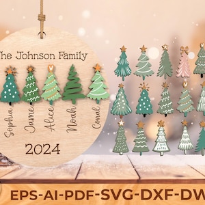 May include: A wooden Christmas decoration with the text "The Johnson Family" and the year "2024". It features six small, green Christmas tree cutouts with names below them. Additional tree designs are scattered around the ornament.