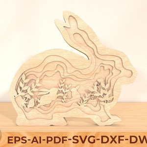 Décoration de table multicouche lapin de Pâques Svg, lapin en bois multicouche 3D, fichiers de Pâques découpés au laser, téléchargement numérique