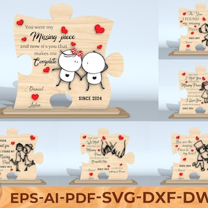 Puede incluir: Pieza de rompecabezas de madera con el texto "You were my Missing piece and now it's you that makes me Complete". Presenta figuras de pareja de dibujos animados, corazones y los nombres Daniel y Julia. Incluye la fecha "SINCE 2024".