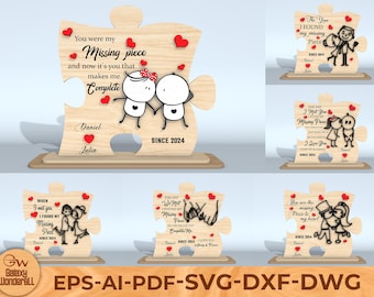 Paquete SVG de letrero de pareja de rompecabezas, archivo cortado con láser de letrero de amor con pieza faltante, placa de regalo romántica, plantilla de decoración de madera, descarga digital
