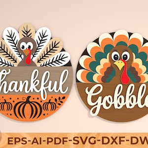 Thankful Turkey Pumpkin Sign, Round door hanger svg, Gobble Turkey Sign, Glowforge file, Thanksgiving decor, Autumn sign, Digital download