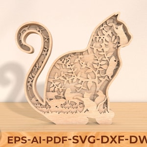 Chat multicouche SVG, fichier d'ornement de chat découpé au laser, chat printemps décoration maison Svg, fichiers découpés au laser, fichiers svg Glowforge